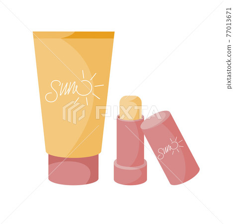 Vector illustration in flat style. Tube sunscreen and lipstick. Vector illustration in flat style. Tube sunscreen and lipstick. 77013671