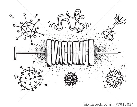Viruses and a syringe with a dose of vaccine for vaccination 77013834