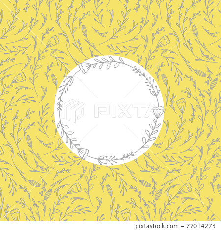 Square card with bright summer pattern with doodle flowers on yellow background and white circle copy space. Vector template with rustic curls of herbs. Natural banner Square card with bright summer pattern with doodle flowers on yellow background and white circle copy space. Vector template with rustic curls of herbs. Natural banner 77014273