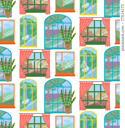 Set of different cartoon windows with curtains, a cat, plants and a different look. Vector stickers with architecture elements. Interior objects 77014275