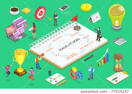 Isometric flat vector concept of parts of hackathon. 77014287