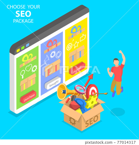 Flat isometric vector concept of SEO package choosing, search engine ranking. Flat isometric vector concept of SEO package choosing, search engine ranking. 77014317
