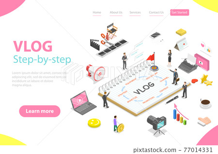 Flat isometric vector landing page template of video blog ste-by-step, vlog. Flat isometric vector landing page template of video blog ste-by-step, vlog. 77014331