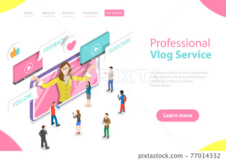 Flat isometric vector landing page template of vlog, video blog, online channel. 77014332