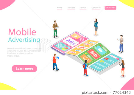 Flat isometric vector landing page template of mobile advertising. Flat isometric vector landing page template of mobile advertising. 77014343