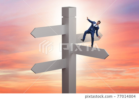 Businessman at the crossroads choosing strategy Businessman at the crossroads choosing strategy 77014804