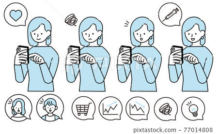 Illustration of a woman in plain clothes shopping on a smartphone or booking a vaccine 77014808