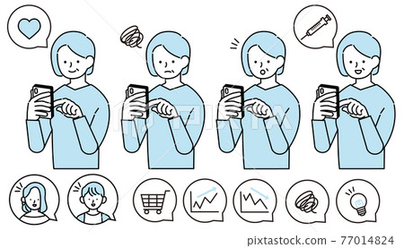 Illustration of a senior woman shopping and booking a vaccine on her smartphone 77014824