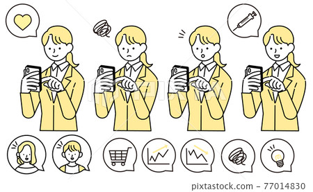 Illustration of a woman in a suit shopping on a smartphone or booking a vaccine 77014830