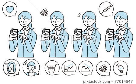 Illustration of a woman in a suit shopping on a smartphone or booking a vaccine 77014847