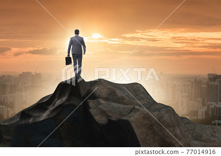 Businessman at the top of mountain in career concept 77014916