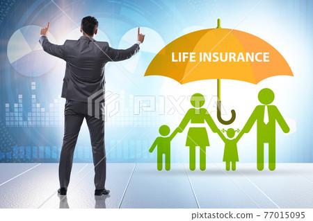 Life insurance concept with family under umbrella Life insurance concept with family under umbrella 77015095