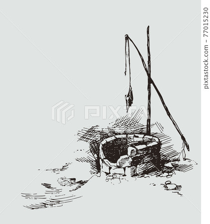 Man and camels at withered well in desert. Vector drawing Man and camels at withered well in desert. Vector drawing 77015230