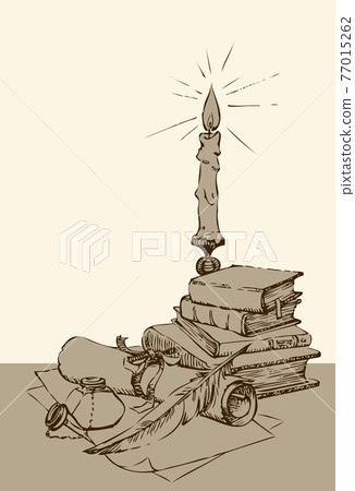 A still-life from an inkwell with a feather and a paper against old books 77015262