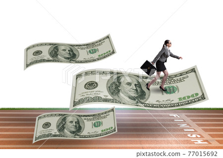 Businesswoman flying on hundred dollar banknote Businesswoman flying on hundred dollar banknote 77015692