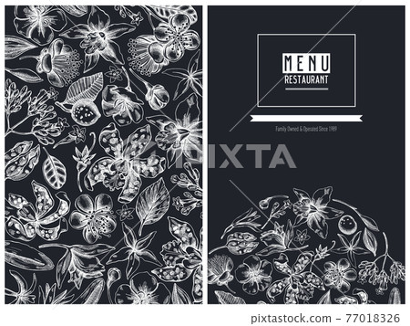 Menu cover floral design with chalk laelia, feijoa flowers, glory bush, papilio torquatus, cinchona Menu cover floral design with chalk laelia, feijoa flowers, glory bush, papilio torquatus, cinchona 77018326