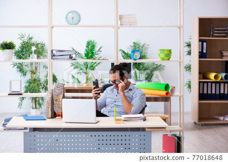 Young male employee working in the office Young male employee working in the office 77018648