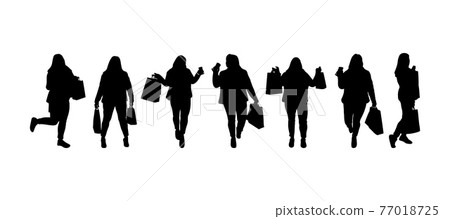 Set of silhouettes of shopping woman with bags. Black color. Variuos poses. Thick figure. Vector illustration. 77018725