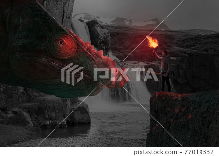 Concept of confidence - Man facing a dragon 77019332