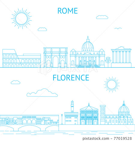 Rome and Florence vector line illustrations. Rome and Florence skyline. 77019528