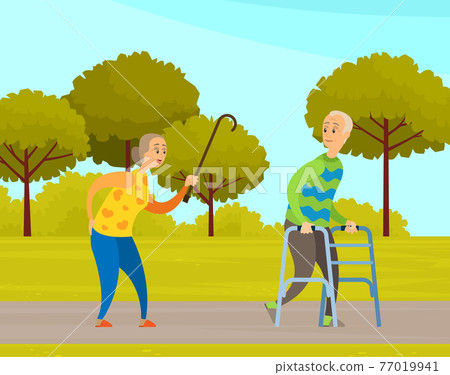 Old people man and woman on walk in city garden. Elderly couple with walking cane and walker in park 77019941