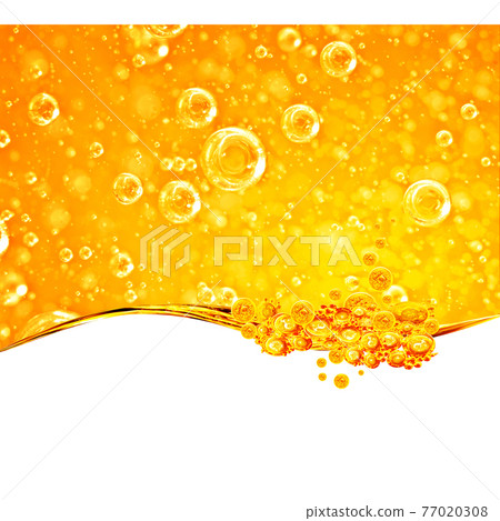 Liquid yellow wave line. Gold bubbles of air. For the project, gold, rest, oil, honey, beer, juice, shampoos or other successful options. On white background an area for text Liquid yellow wave line. Gold bubbles of air. For the project, gold, rest, oil, honey, beer, juice, shampoos or other successful options. On white background an area for text 77020308
