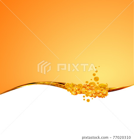 Liquid yellow wave line. Gold bubbles of air. For the project, gold, rest, oil, honey, beer, juice, shampoos or other successful options. On white background an area for text Liquid yellow wave line. Gold bubbles of air. For the project, gold, rest, oil, honey, beer, juice, shampoos or other successful options. On white background an area for text 77020310