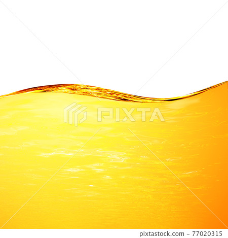Liquid yellow wave line. For the project, gold, rest, oil, honey, beer, juice, shampoos or other successful options. On white background an area for text from above 77020315