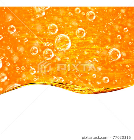 Liquid yellow wave line. Gold bubbles of air. For the project, gold, rest, oil, honey, beer, juice, shampoos or other successful options. On white background an area for text Liquid yellow wave line. Gold bubbles of air. For the project, gold, rest, oil, honey, beer, juice, shampoos or other successful options. On white background an area for text 77020316