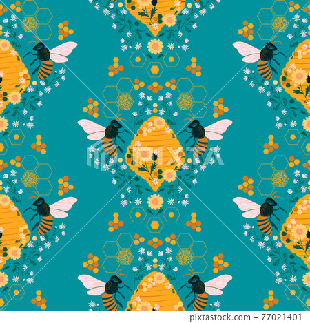 Bee Hive Honeycomb Daisy vector seamless pattern. 77021401