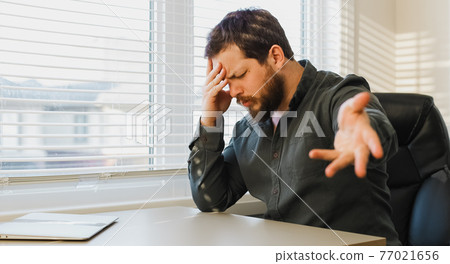 Tired exhausted businessman asking to give treatment and pills. 77021656