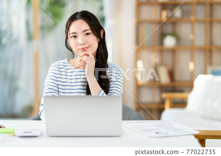 A young woman suffering from telework A young woman suffering from telework 77022735