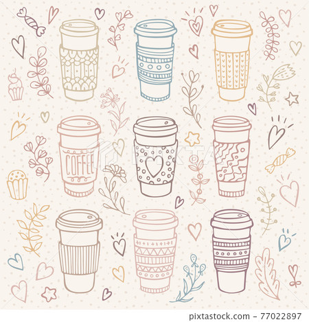 Hand-drawn coffee cup set with floral background Hand-drawn coffee cup set with floral background 77022897