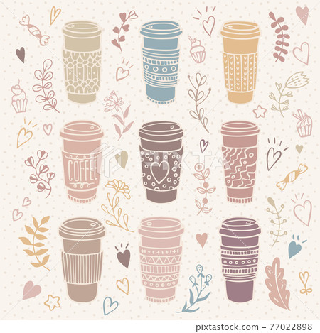 Hand-drawn coffee cup set with floral background Hand-drawn coffee cup set with floral background 77022898