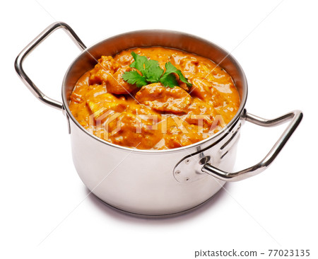 Pot of Traditional Chicken Curry isolated on white background with clipping path embedded Pot of Traditional Chicken Curry isolated on white background with clipping path embedded 77023135