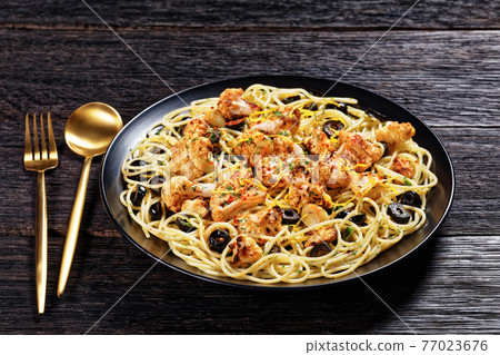 Cauliflower Pasta with black olives, top view Cauliflower Pasta with black olives, top view 77023676