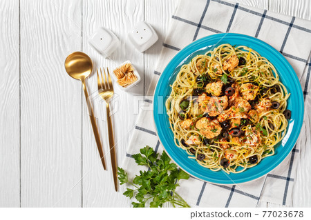 Cauliflower Pasta with black olives, top view Cauliflower Pasta with black olives, top view 77023678