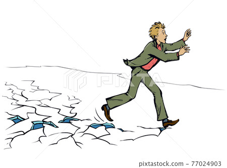 When things get hard, don't stop! A man runs on breaking ice. Vector drawing When things get hard, don't stop! A man runs on breaking ice. Vector drawing 77024903