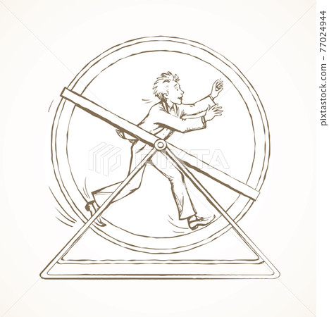 Man running in circle wheel. Vector drawing 77024944