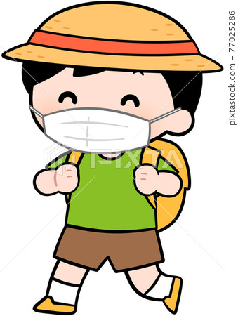 A boy wearing a hat and carrying a backpack (with a mask) 77025286