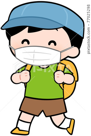 A boy wearing a hat and carrying a backpack (with a mask) 77025298