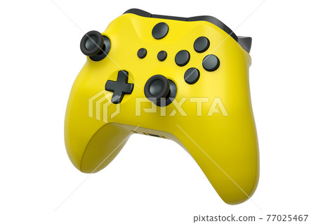 Realistic yellow video game controller on white background 77025467