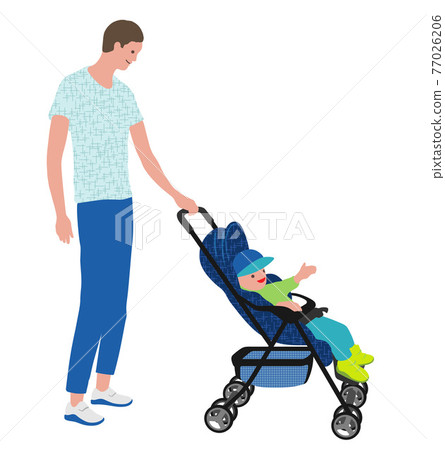 嬰兒車和父親的平面插圖 77026206