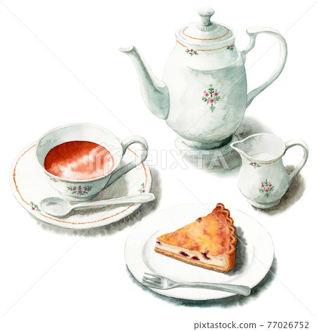 Analog watercolor cake set cheese tart and tea set 77026752