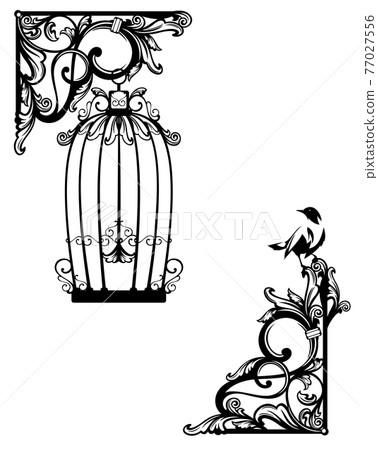 antique page decor black and white vector design set with open bird cage 77027556
