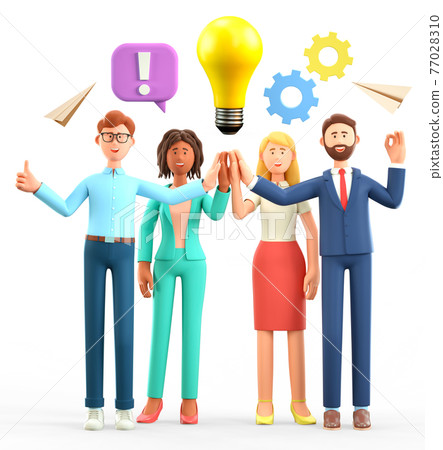 3D illustration of business team brainstorming. Happy people giving high five and generating ideas 3D illustration of business team brainstorming. Happy people giving high five and generating ideas 77028310