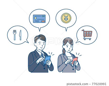 Men and women in suits who settle with smartphones, office workers, shopping, home delivery, illustration material 77028991