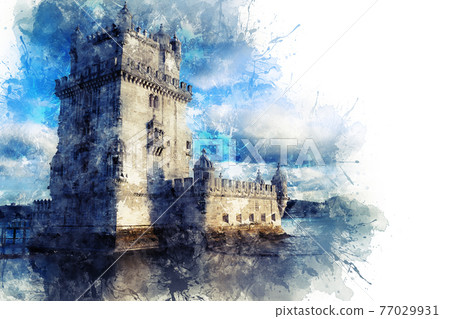 Lisbon, Belem Tower - Tagus River, Portugal. Architecture with bright blue sky Lisbon, Belem Tower - Tagus River, Portugal. Architecture with bright blue sky 77029931