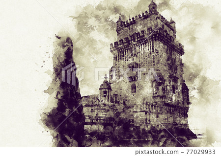 Lisbon, Belem Tower - Tagus River, Portugal. Architecture with bright blue sky 77029933