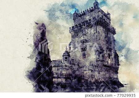 Lisbon, Belem Tower - Tagus River, Portugal. Architecture with bright blue sky Lisbon, Belem Tower - Tagus River, Portugal. Architecture with bright blue sky 77029935